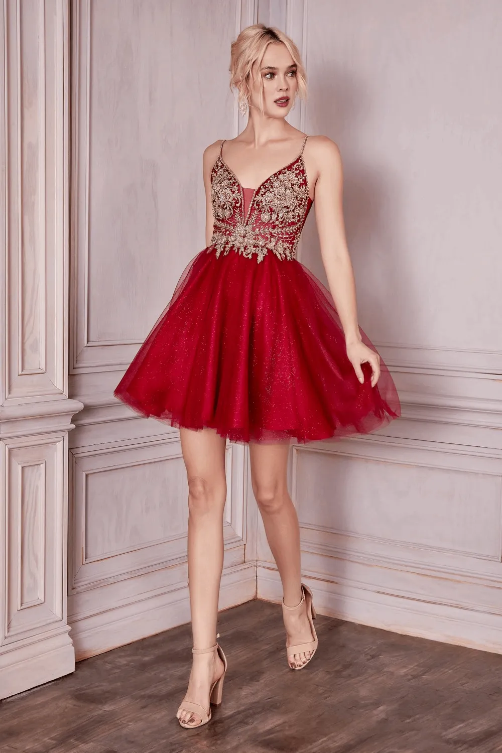 CD CD0190 - A-Line Homecoming Dress with Sheer Lace Embroidered Bodice & Layered Tulle Skirt