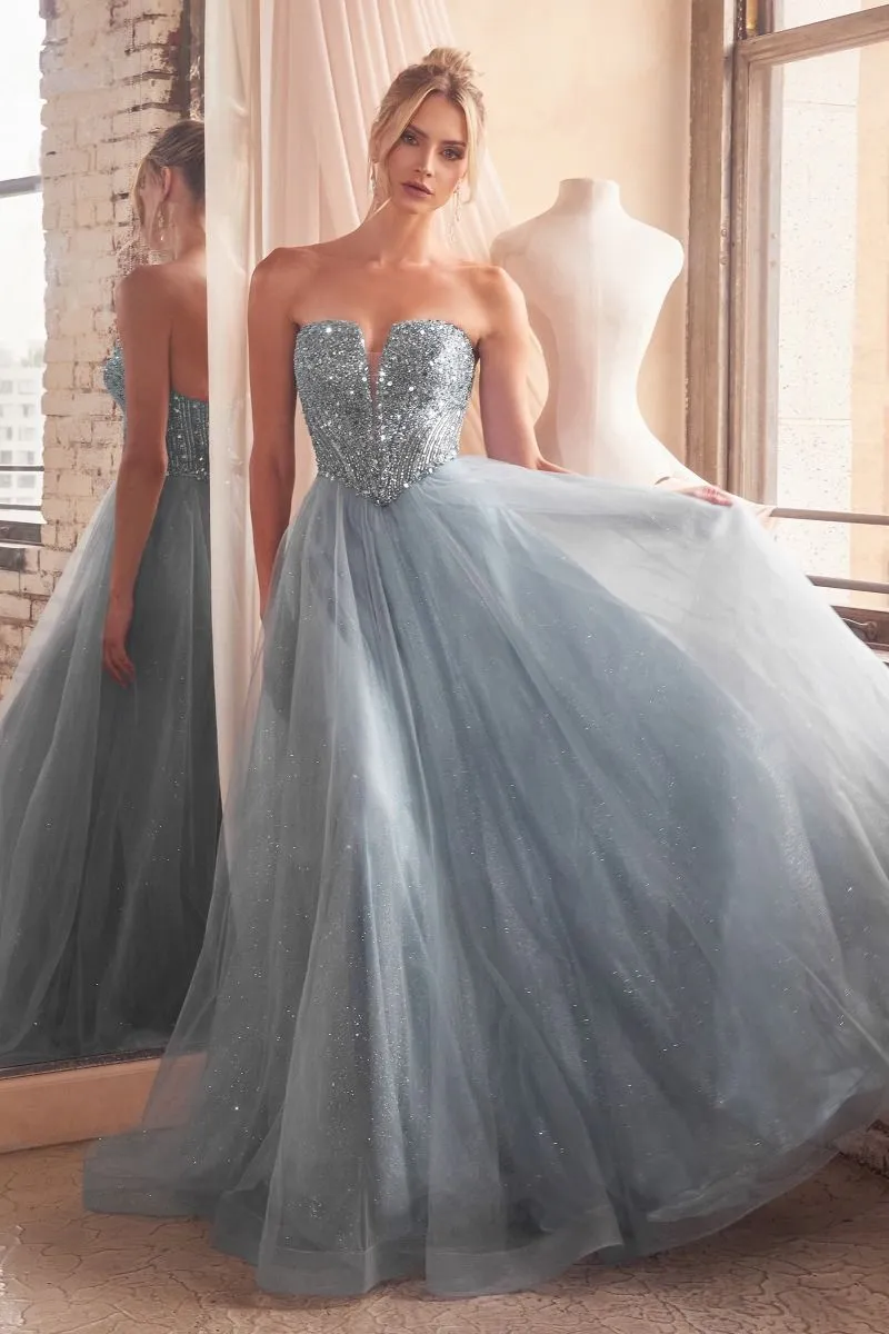 CD CD0217 - Strapless Layered Tulle A-Line Prom Gown with Sequin Embellished Bodice & Lace Up Back