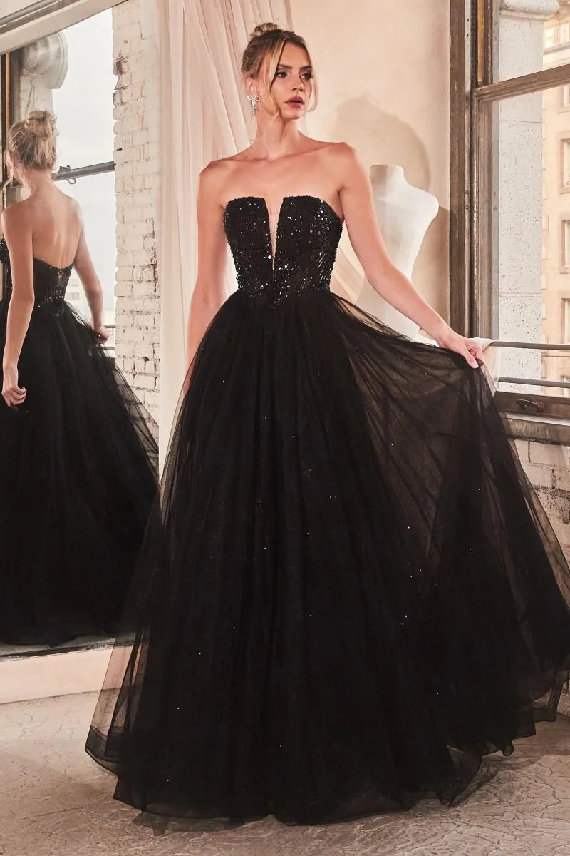 CD CD0217 - Strapless Layered Tulle A-Line Prom Gown with Sequin Embellished Bodice & Lace Up Back
