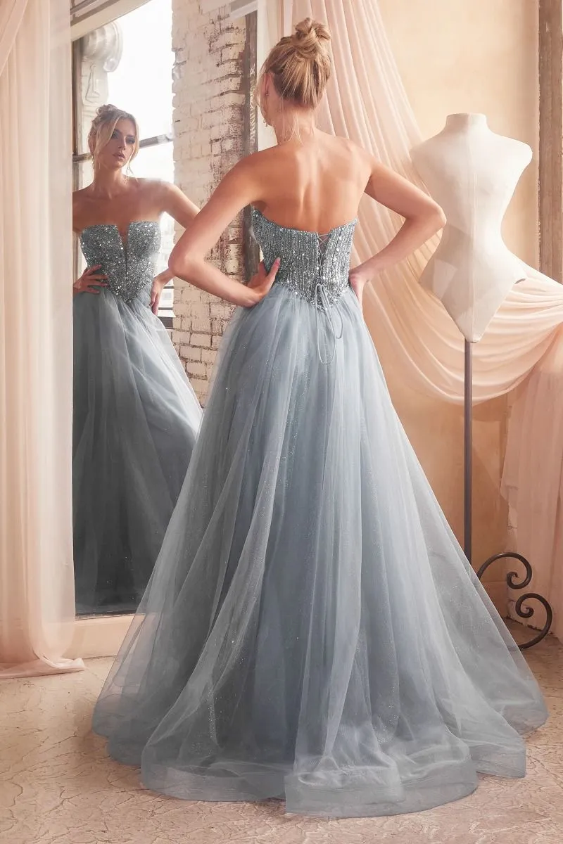CD CD0217 - Strapless Layered Tulle A-Line Prom Gown with Sequin Embellished Bodice & Lace Up Back