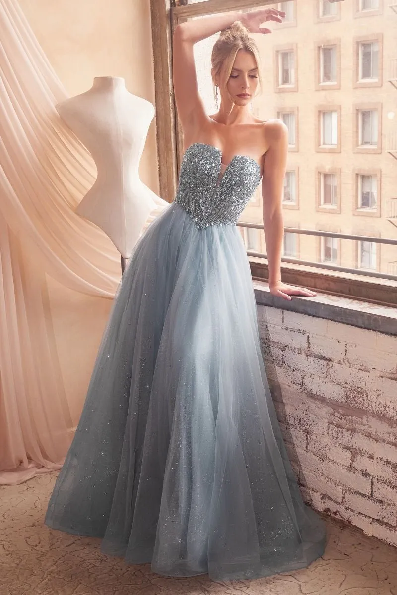 CD CD0217 - Strapless Layered Tulle A-Line Prom Gown with Sequin Embellished Bodice & Lace Up Back
