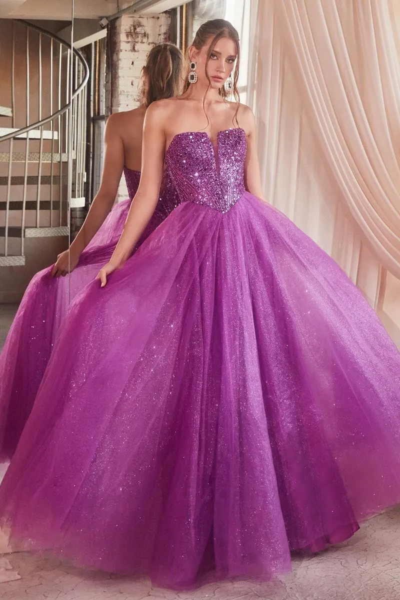 CD CD0217 - Strapless Layered Tulle A-Line Prom Gown with Sequin Embellished Bodice & Lace Up Back