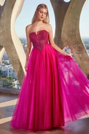 CD CD0217 - Strapless Layered Tulle A-Line Prom Gown with Sequin Embellished Bodice & Lace Up Back