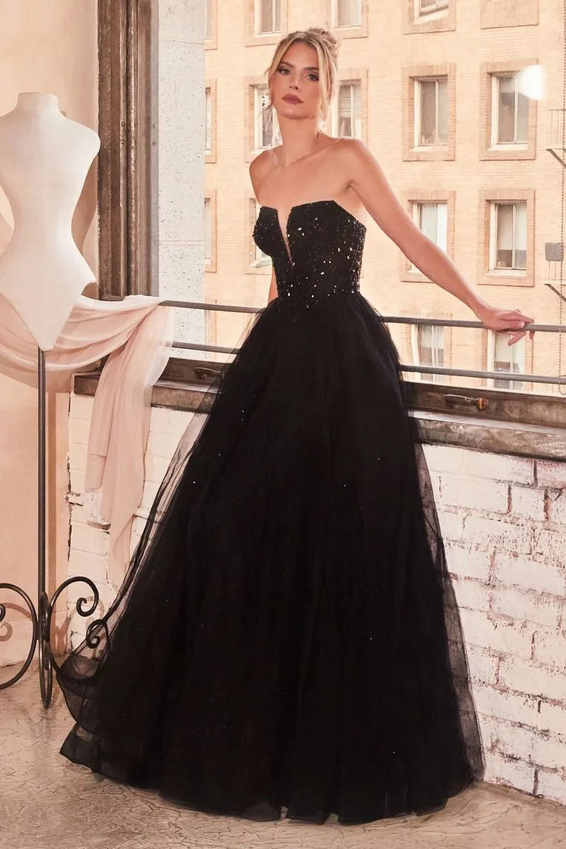 CD CD0217 - Strapless Layered Tulle A-Line Prom Gown with Sequin Embellished Bodice & Lace Up Back