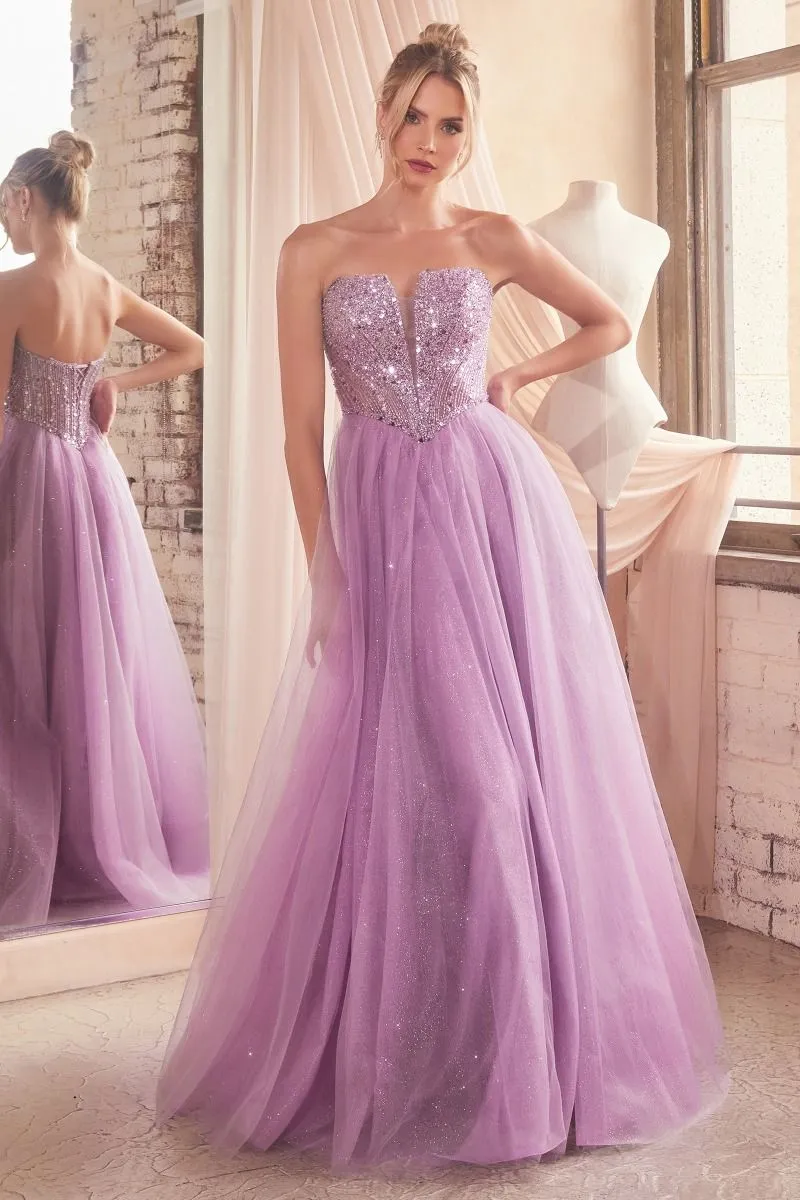CD CD0217 - Strapless Layered Tulle A-Line Prom Gown with Sequin Embellished Bodice & Lace Up Back
