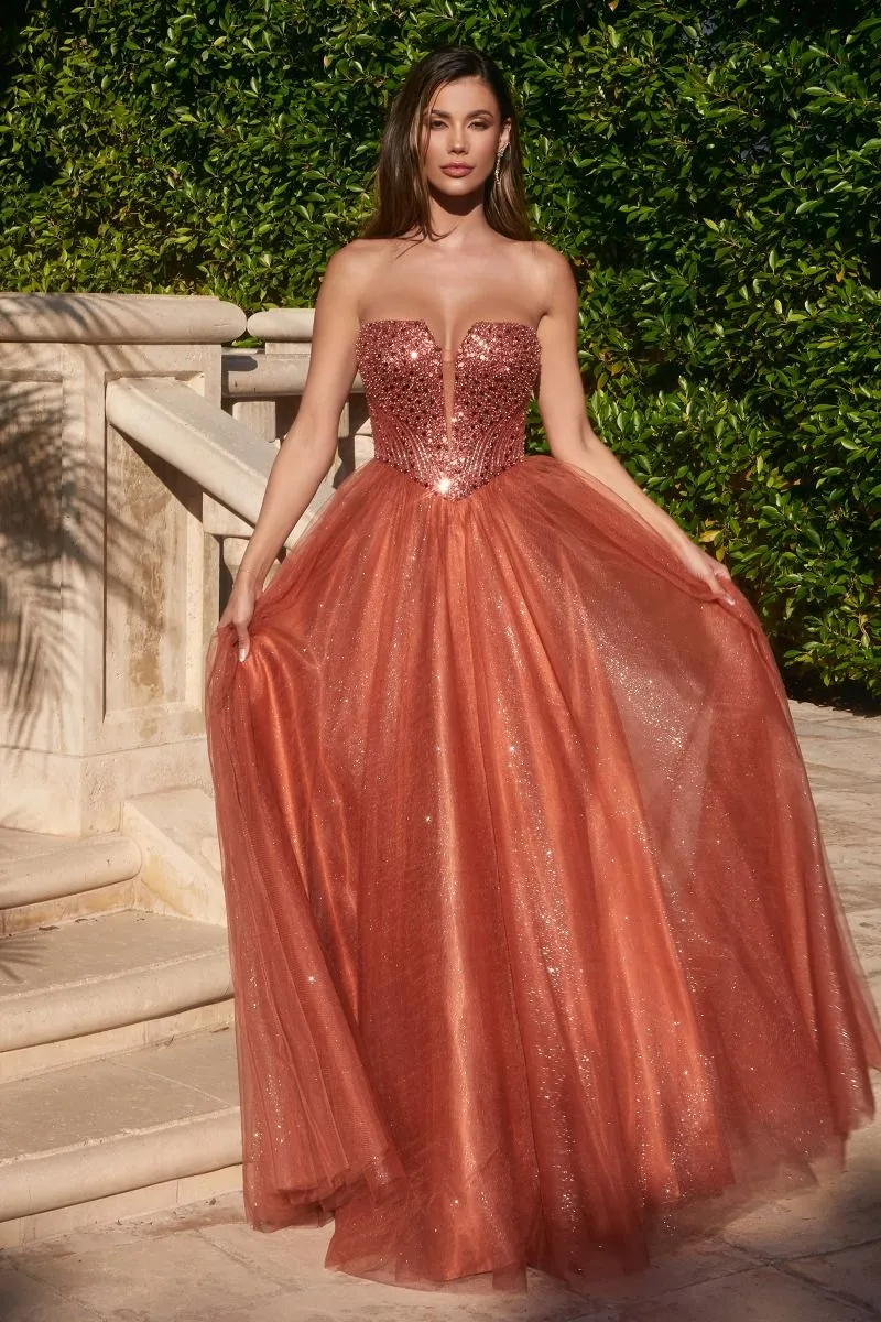 CD CD0217 - Strapless Layered Tulle A-Line Prom Gown with Sequin Embellished Bodice & Lace Up Back