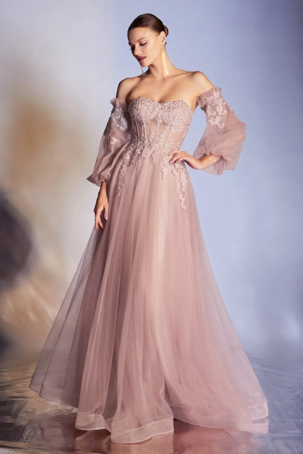 CD CD948 - Strapless A-Line Prom Gown with Sheer 3D Applique V-Neck Boned Bodice Removeable Puff Sleeves & Layered Luminescent Tulle Skirt