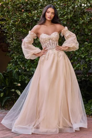 CD CD948 - Strapless A-Line Prom Gown with Sheer 3D Applique V-Neck Boned Bodice Removeable Puff Sleeves & Layered Luminescent Tulle Skirt