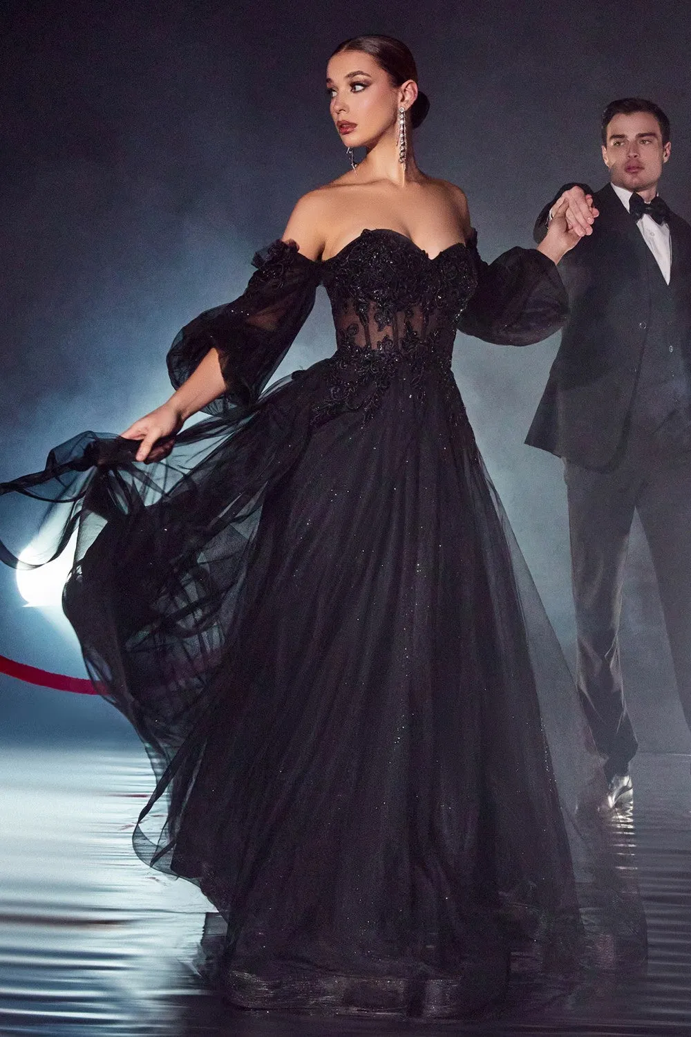 CD CD948 - Strapless A-Line Prom Gown with Sheer 3D Applique V-Neck Boned Bodice Removeable Puff Sleeves & Layered Luminescent Tulle Skirt