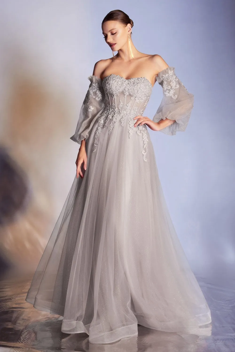 CD CD948 - Strapless A-Line Prom Gown with Sheer 3D Applique V-Neck Boned Bodice Removeable Puff Sleeves & Layered Luminescent Tulle Skirt