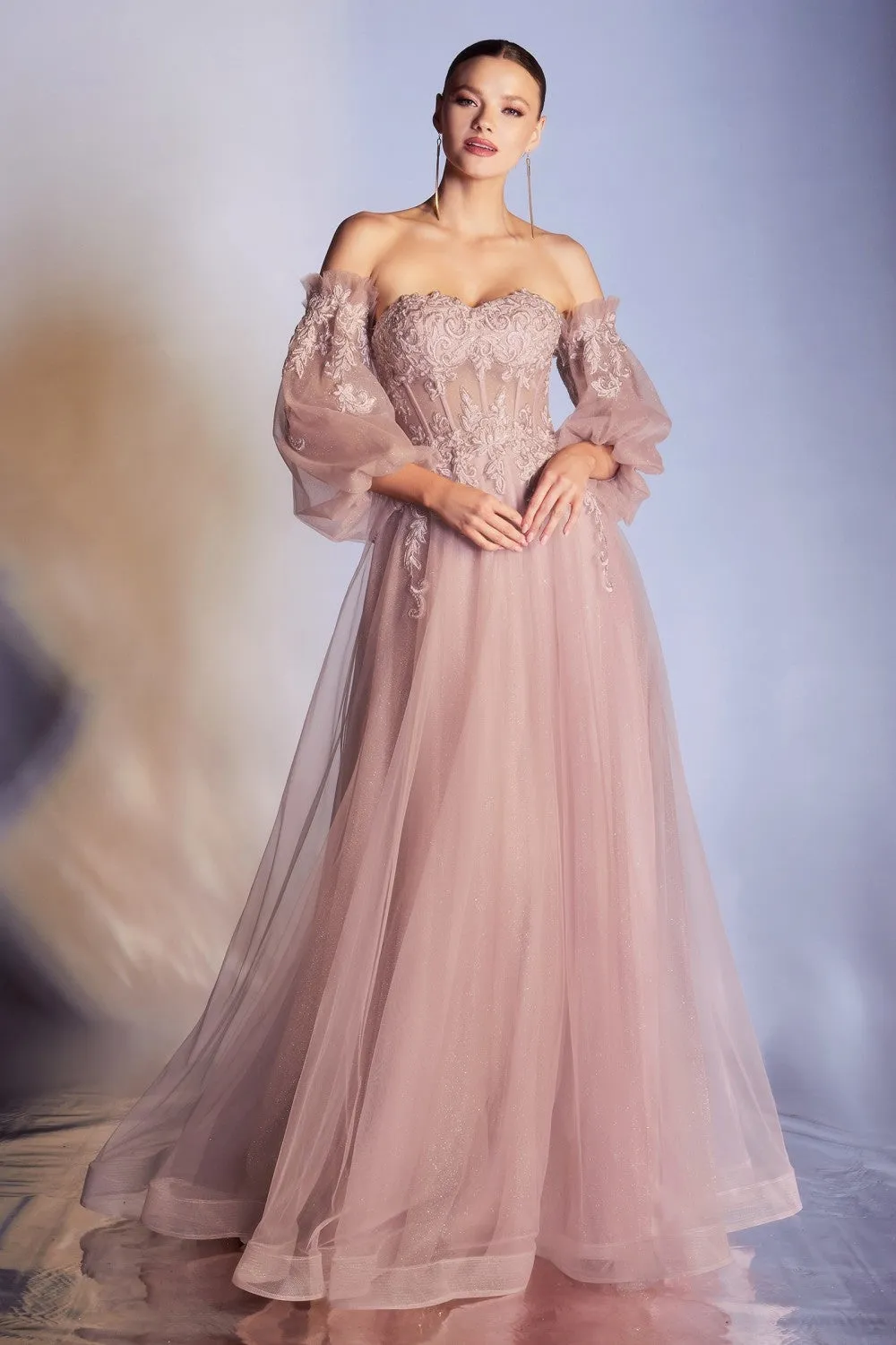 CD CD948 - Strapless A-Line Prom Gown with Sheer 3D Applique V-Neck Boned Bodice Removeable Puff Sleeves & Layered Luminescent Tulle Skirt