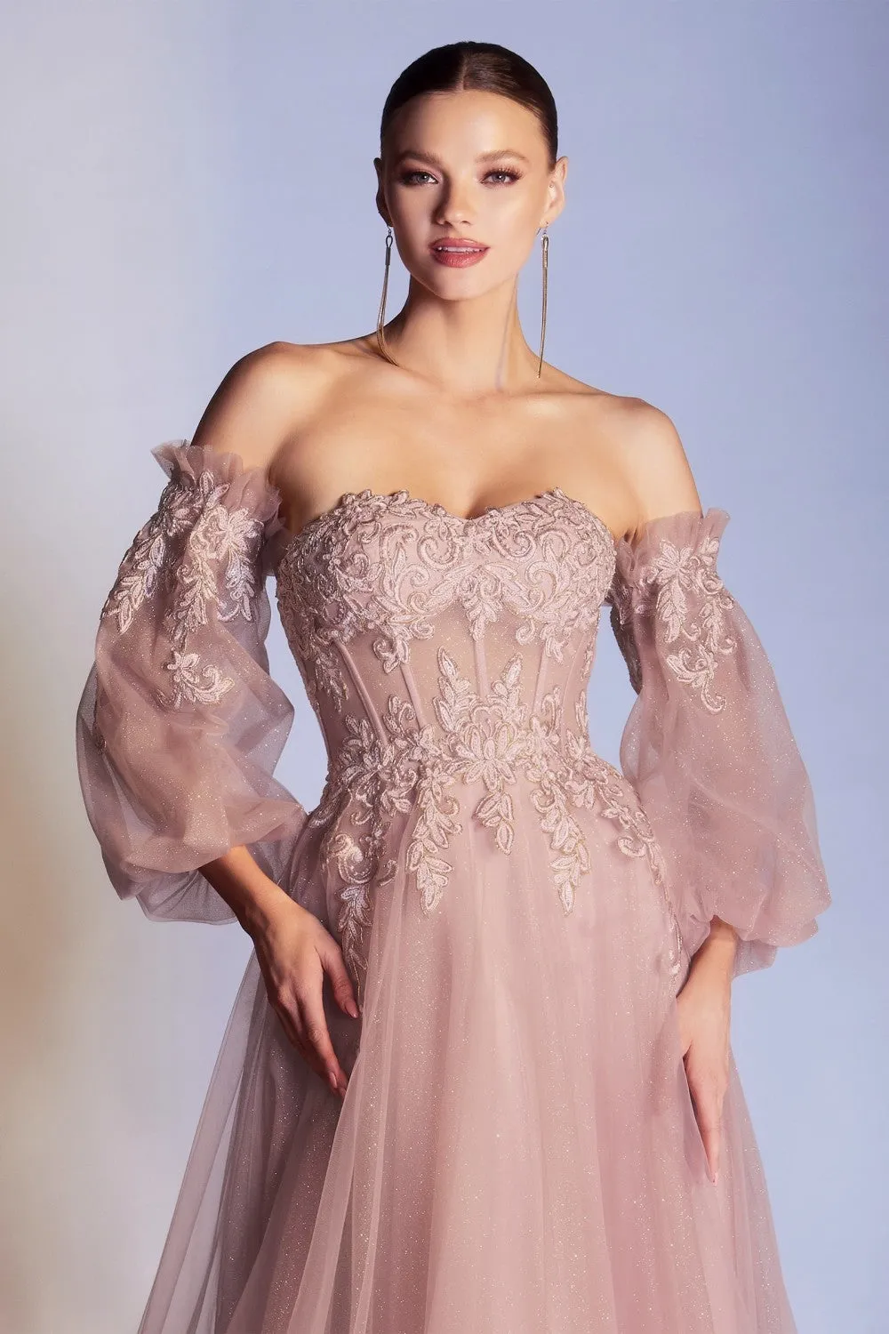 CD CD948 - Strapless A-Line Prom Gown with Sheer 3D Applique V-Neck Boned Bodice Removeable Puff Sleeves & Layered Luminescent Tulle Skirt