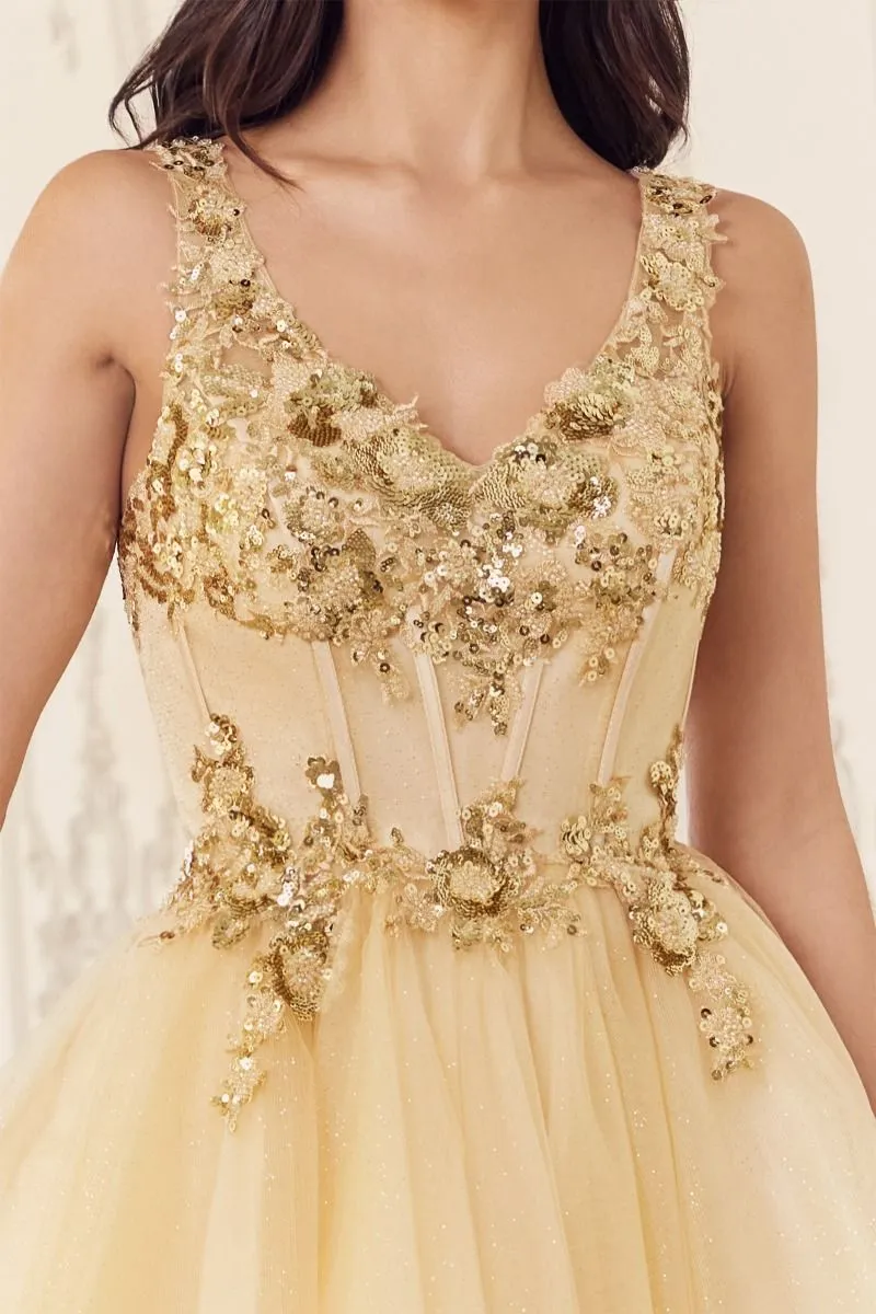 CD CY019 - Layered Glitter Tulle A-Line Homecoming Dress with Sequined Lace Adorned Boned V-Neck Bodice