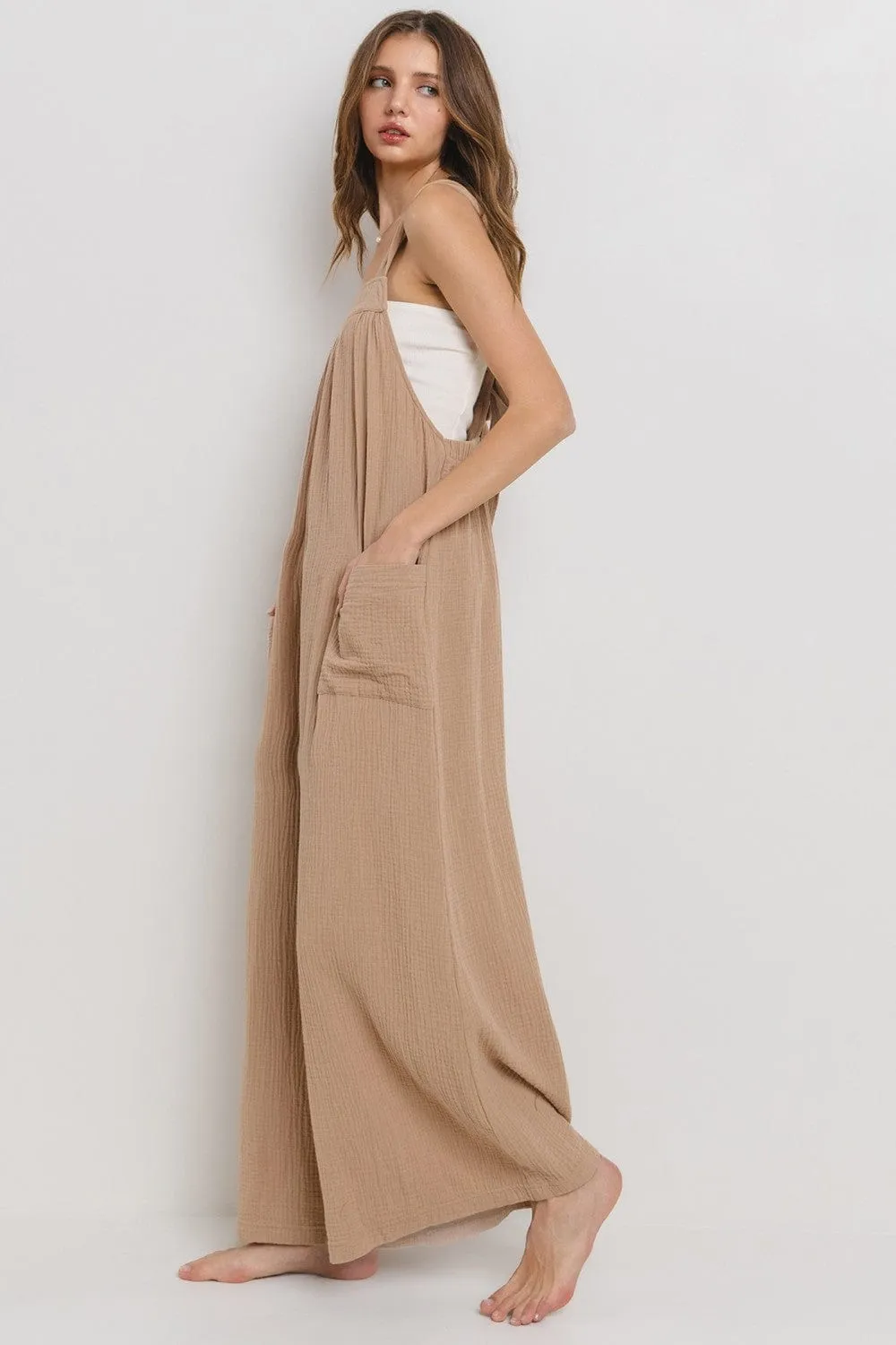 Ces Femme Cotton Gauze Solid Wide Leg Jumpsuit