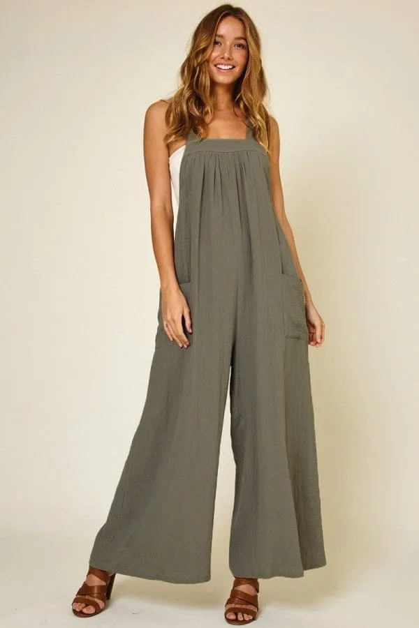 Ces Femme Cotton Gauze Solid Wide Leg Jumpsuit