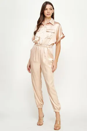 Champagne Satin Cargo Jumpsuit