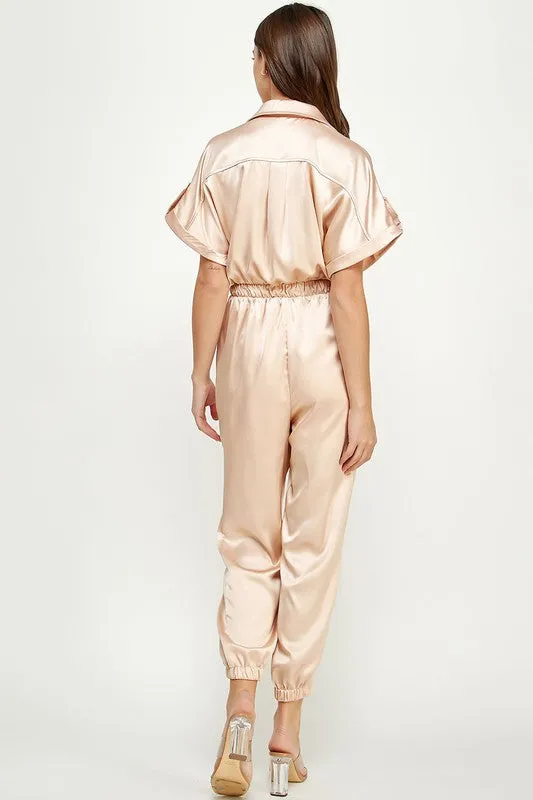 Champagne Satin Cargo Jumpsuit