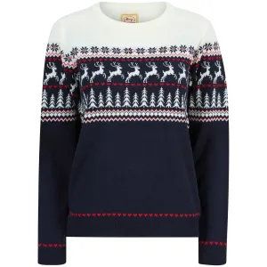 Christmas Reindeer Heart Nordic Fairisle Womens Jumper - Navy