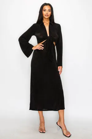 COLLARED FRONT KNOT TIE CUTOUT WAIST MAXI DRESS