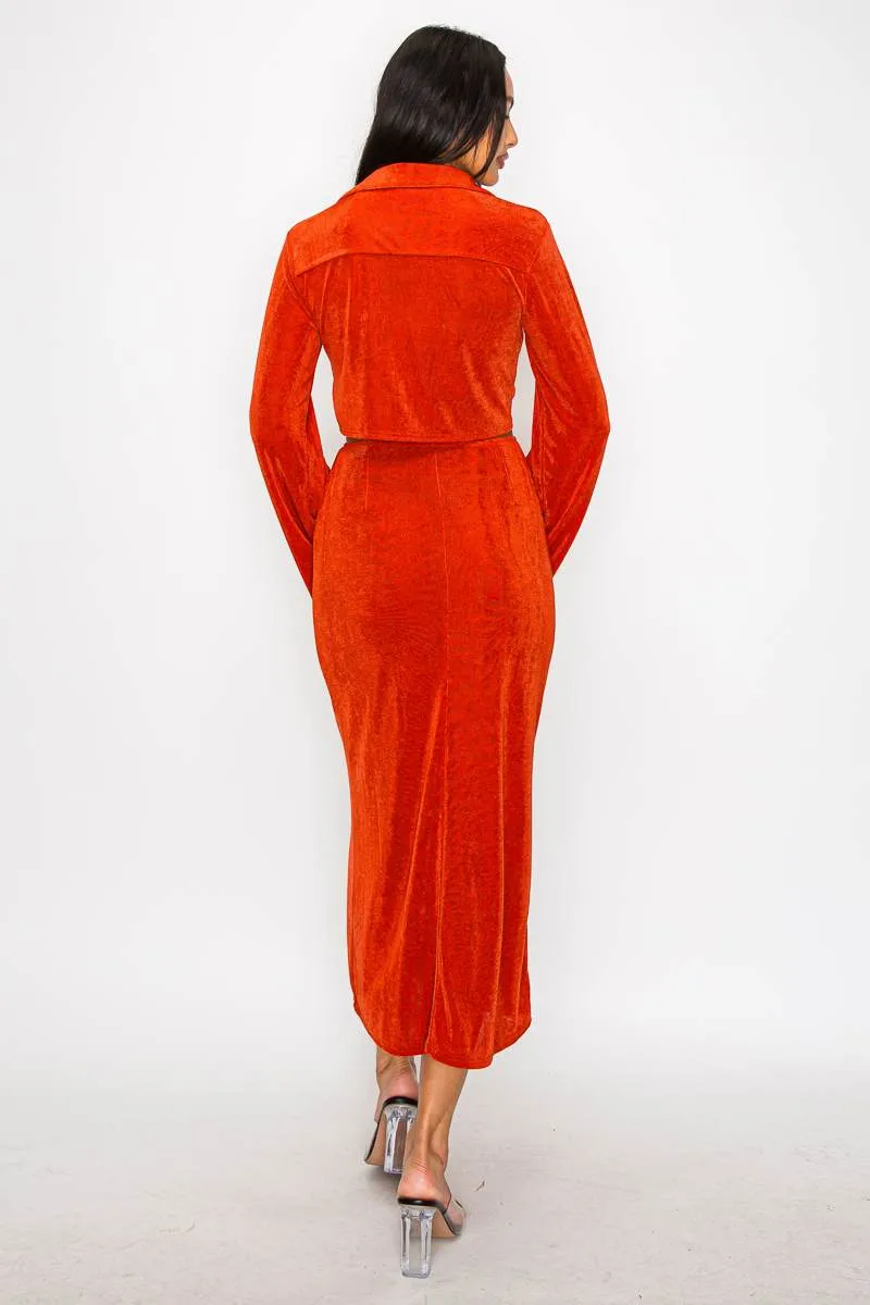 COLLARED FRONT KNOT TIE CUTOUT WAIST MAXI DRESS