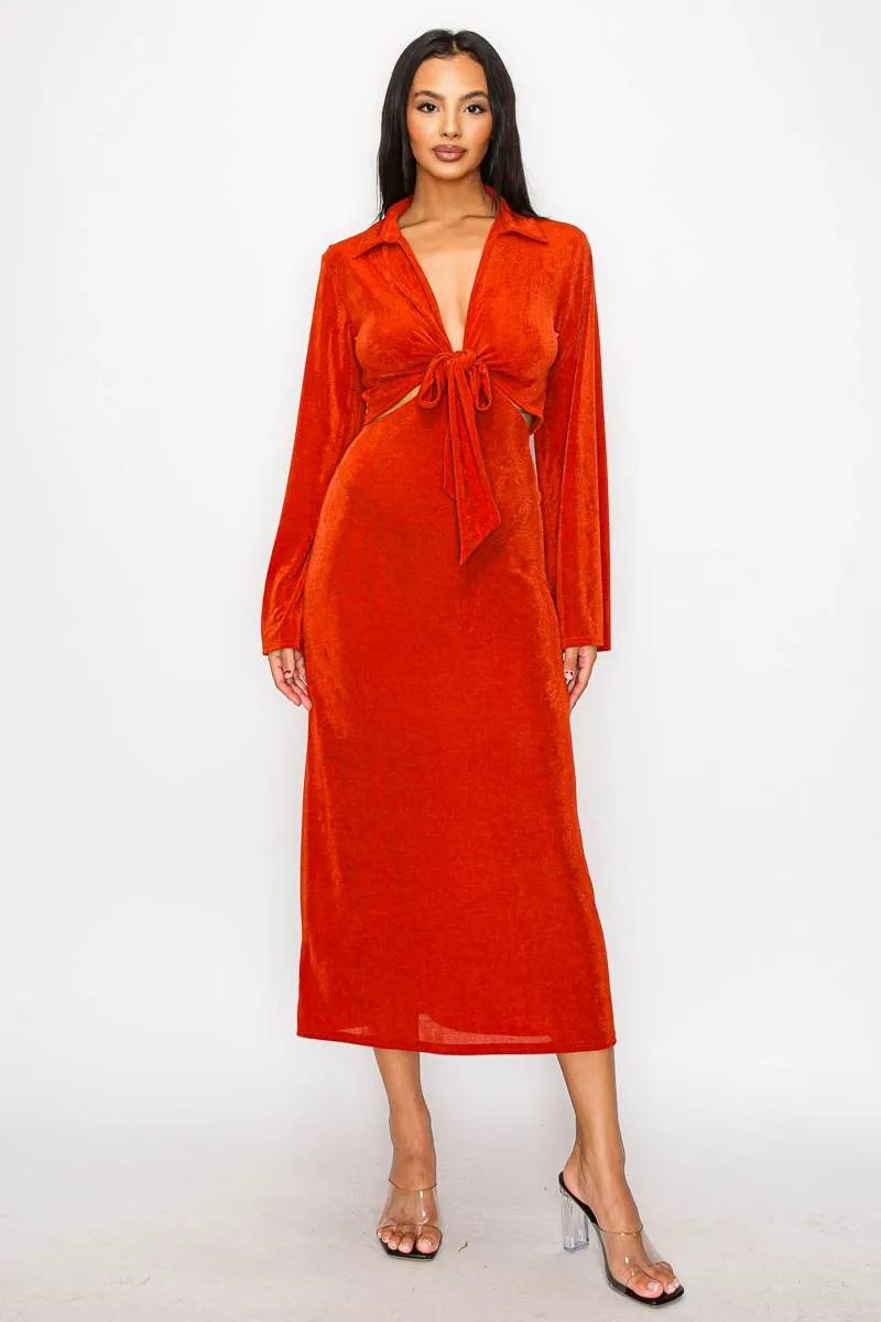 COLLARED FRONT KNOT TIE CUTOUT WAIST MAXI DRESS