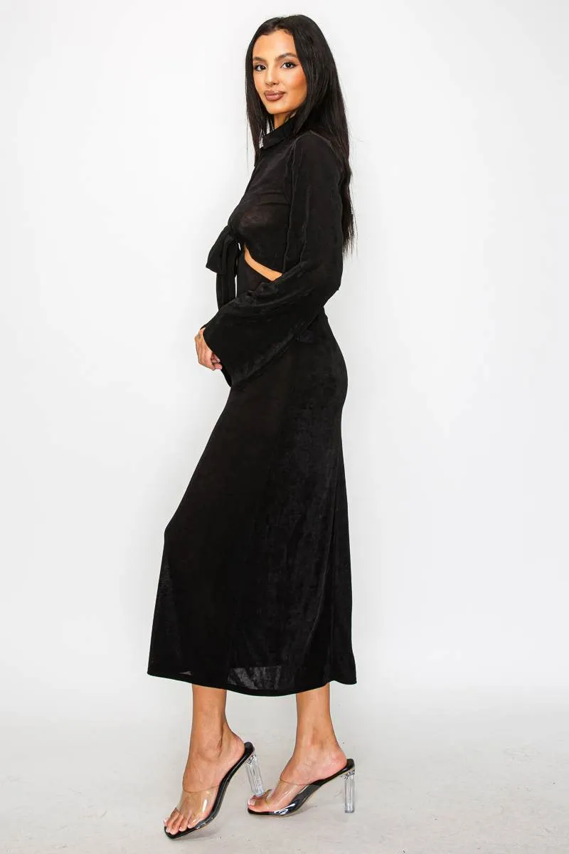 COLLARED FRONT KNOT TIE CUTOUT WAIST MAXI DRESS