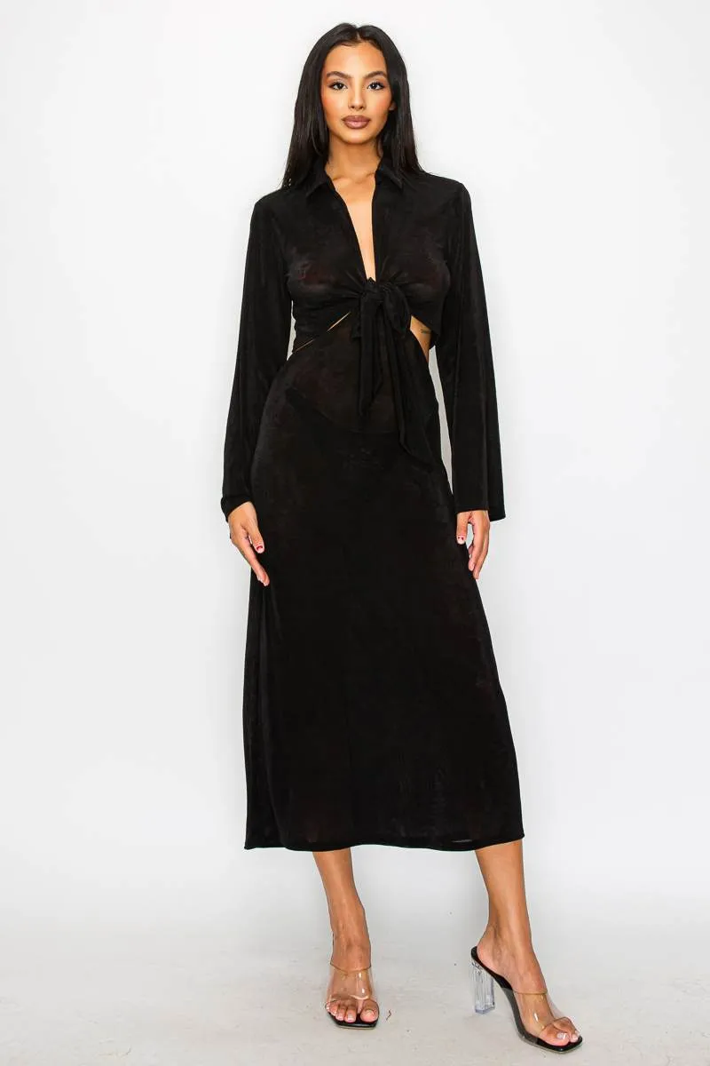 COLLARED FRONT KNOT TIE CUTOUT WAIST MAXI DRESS