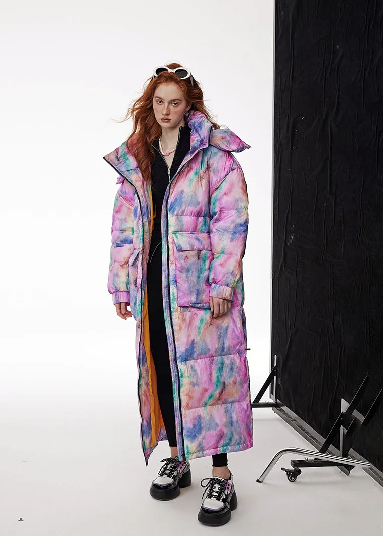 Colorful Doodle Hooded Long Down Puffer Coat