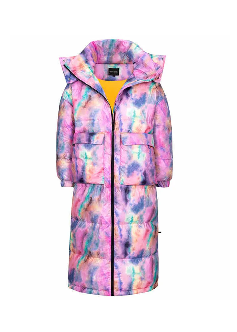 Colorful Doodle Hooded Long Down Puffer Coat