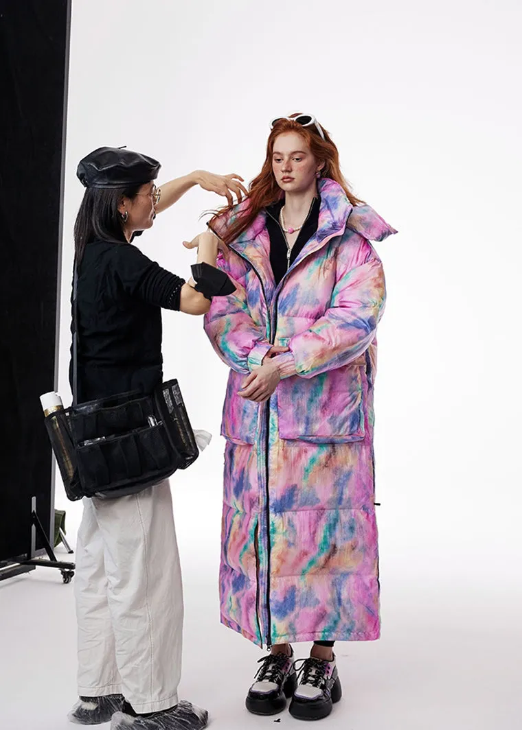 Colorful Doodle Hooded Long Down Puffer Coat
