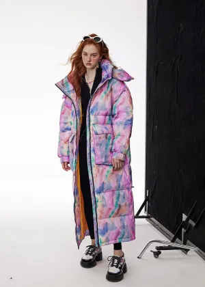 Colorful Doodle Hooded Long Down Puffer Coat