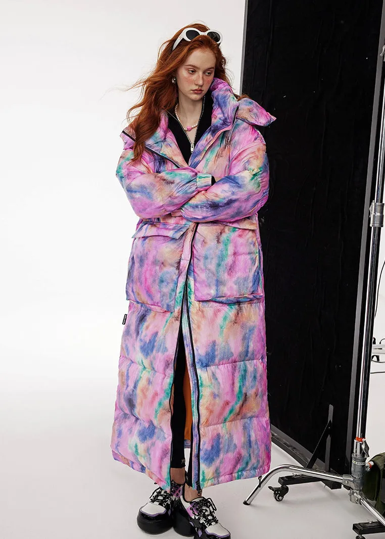 Colorful Doodle Hooded Long Down Puffer Coat