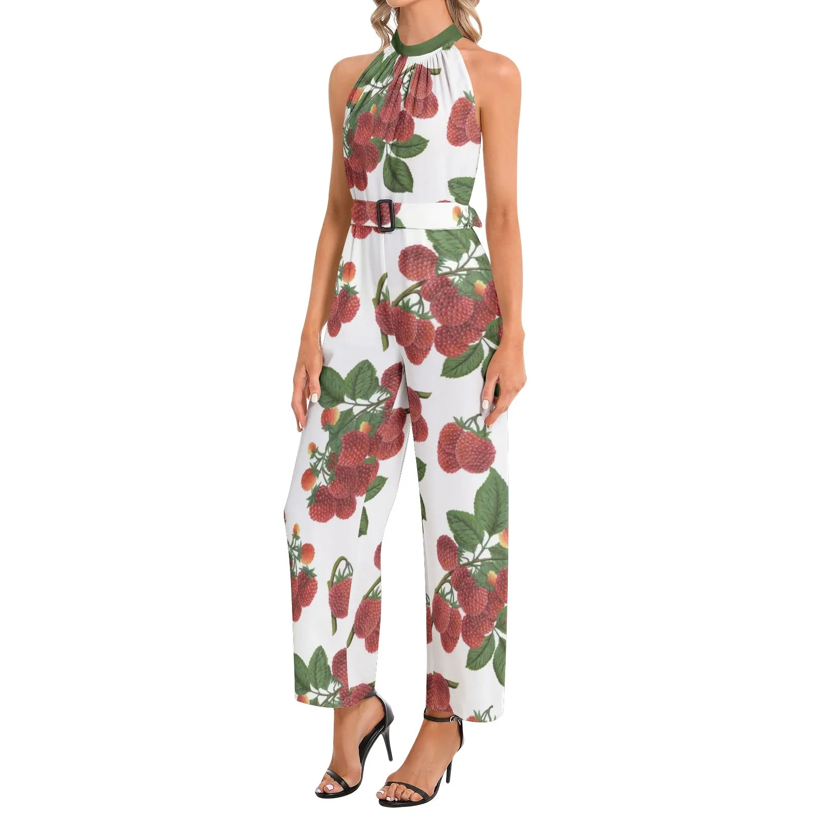Colossal Raspberry Parfait Halter Neck Buckle Belted Jumpsuit