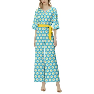 Daisy Print Dolman Sleeve Belted Wide Leg Jumpsuit