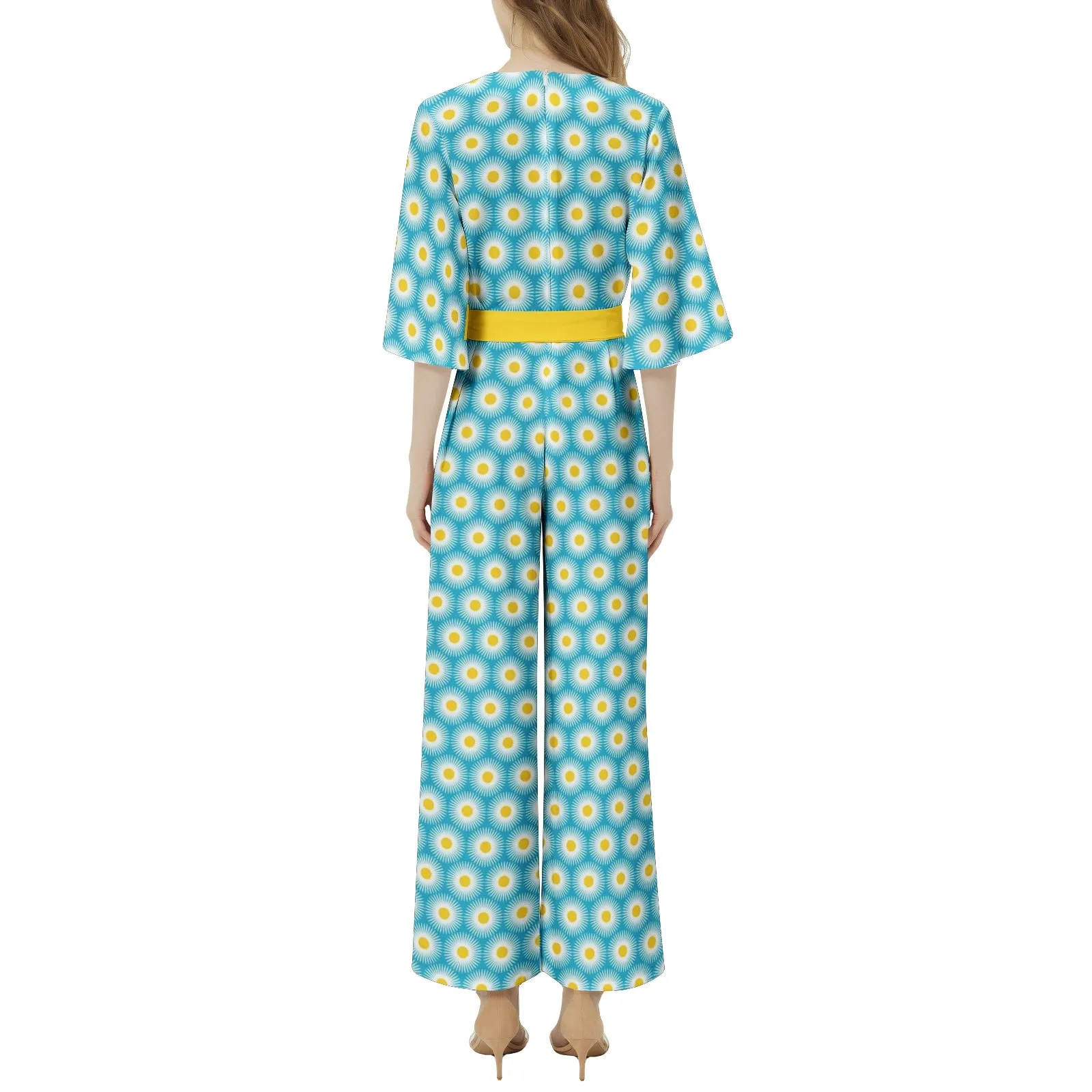 Daisy Print Dolman Sleeve Belted Wide Leg Jumpsuit