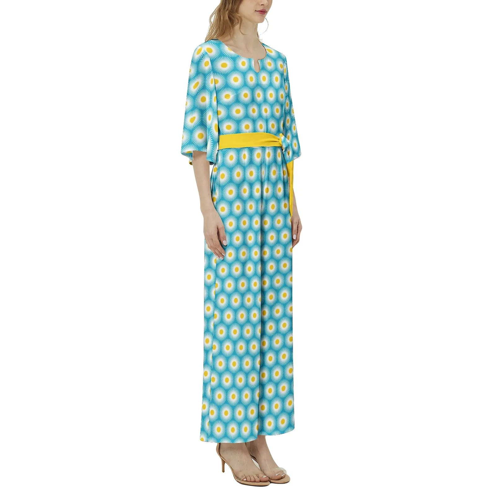 Daisy Print Dolman Sleeve Belted Wide Leg Jumpsuit
