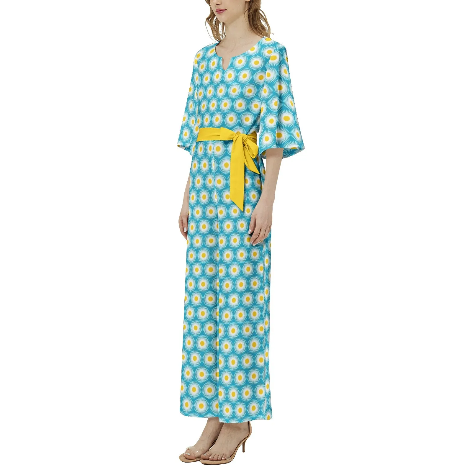 Daisy Print Dolman Sleeve Belted Wide Leg Jumpsuit
