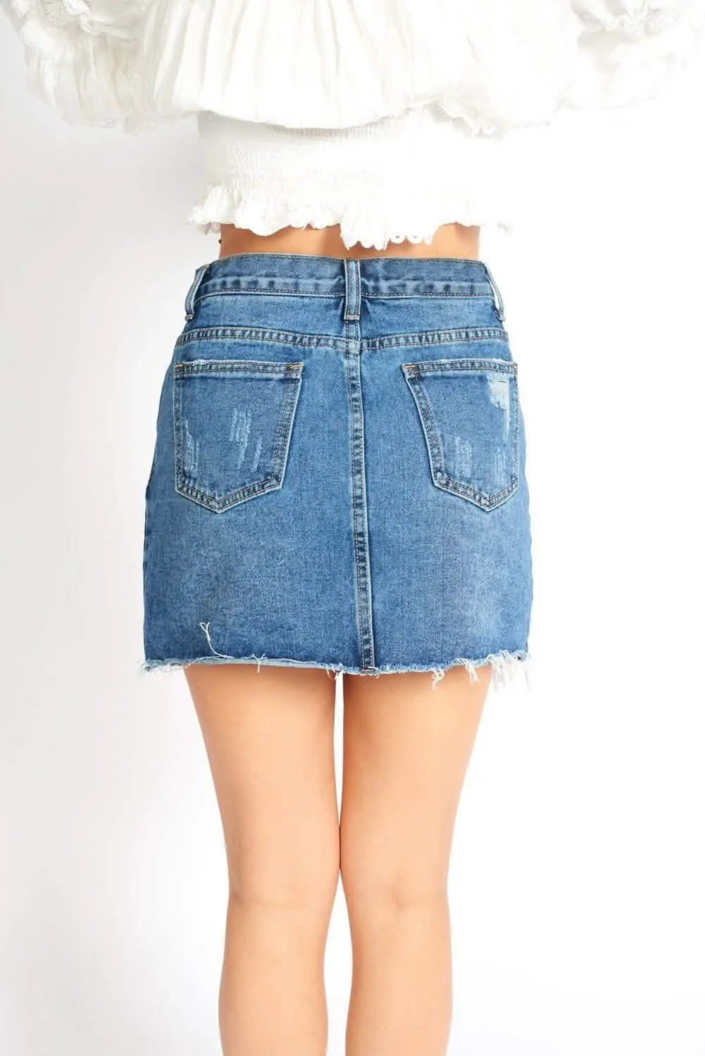 Distressed Ripped Denim Skort with Hidden Shorts