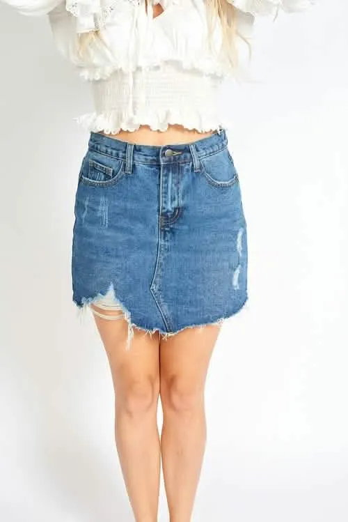 Distressed Ripped Denim Skort with Hidden Shorts
