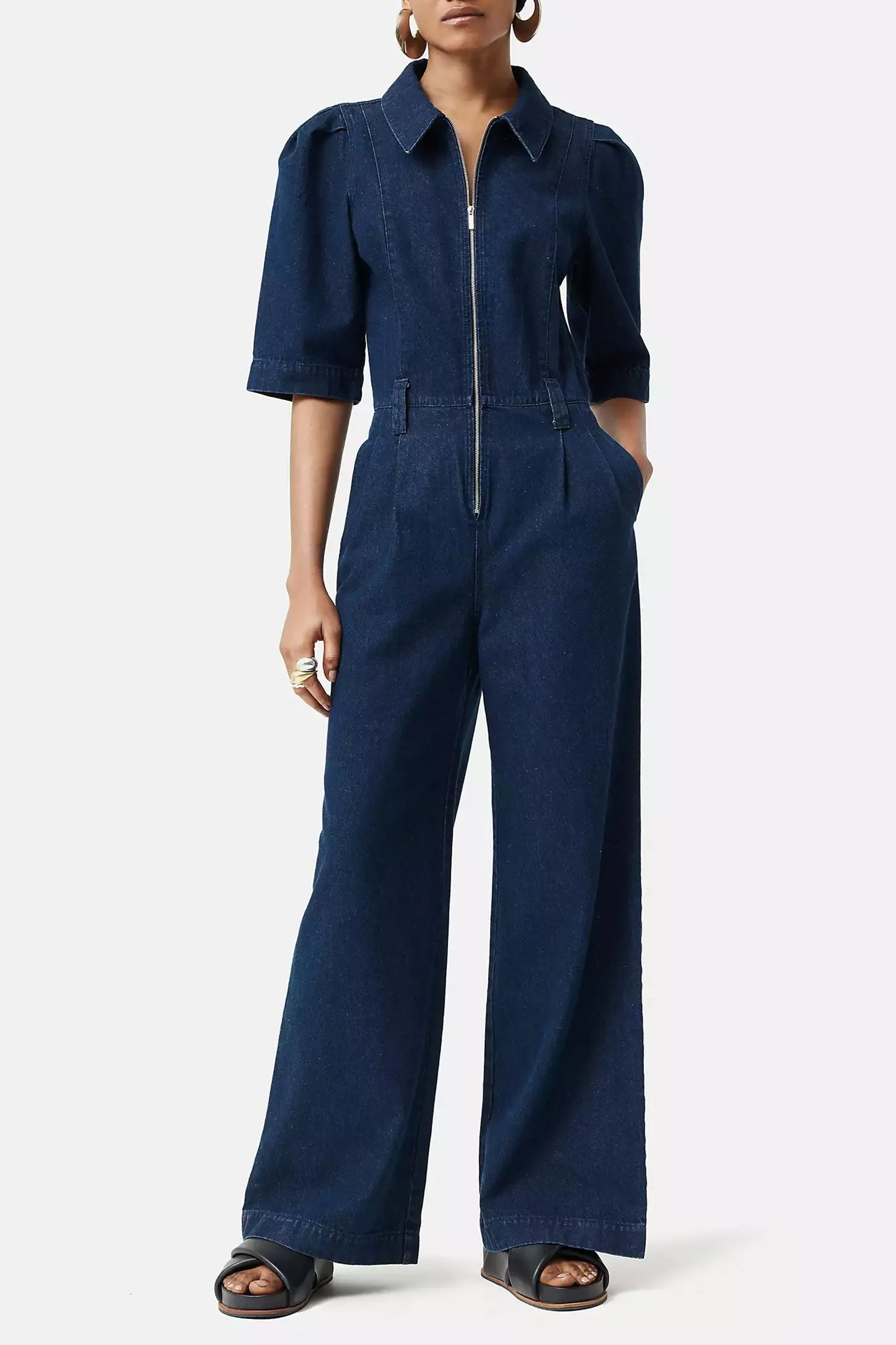 Elbow Sleeve Denim Jumpsuit