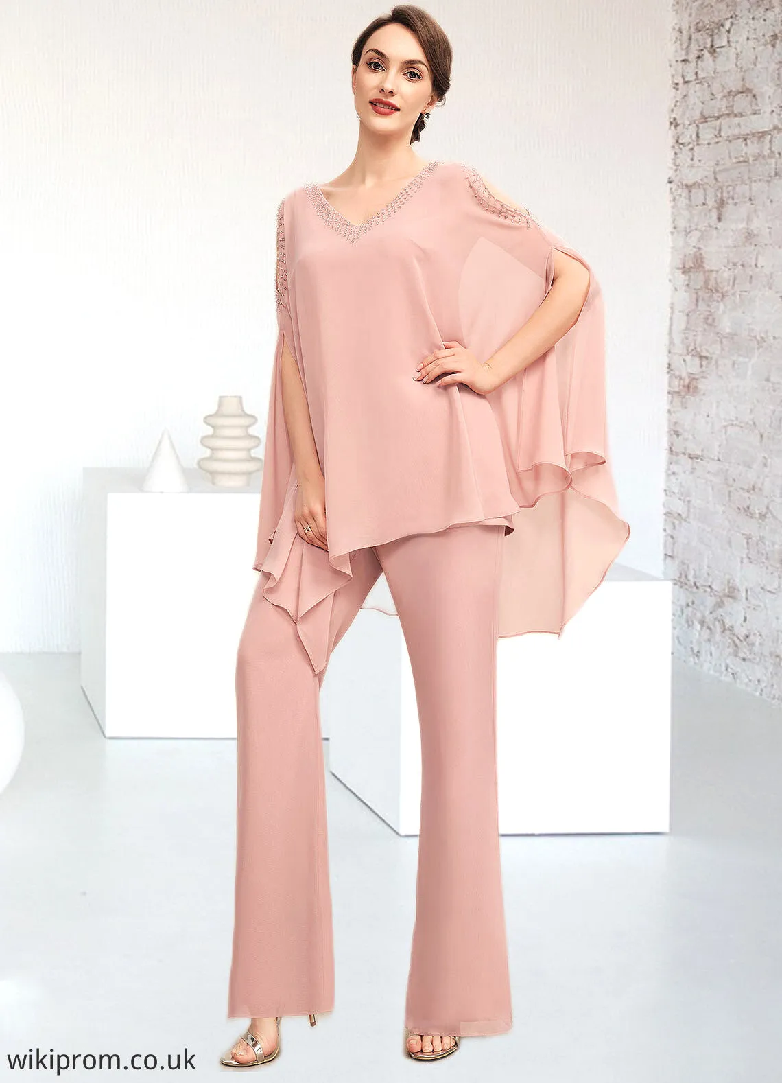 Ellie Jumpsuit/Pantsuit V-neck Floor-Length Chiffon Mother of the Bride Dress With Beading SWK126P0014560