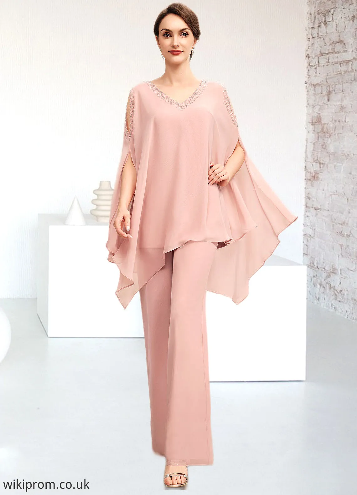 Ellie Jumpsuit/Pantsuit V-neck Floor-Length Chiffon Mother of the Bride Dress With Beading SWK126P0014560