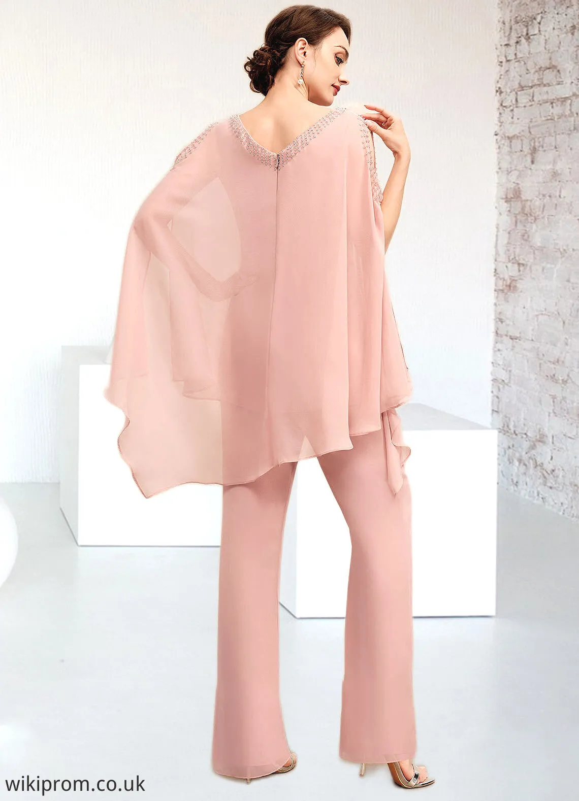 Ellie Jumpsuit/Pantsuit V-neck Floor-Length Chiffon Mother of the Bride Dress With Beading SWK126P0014560