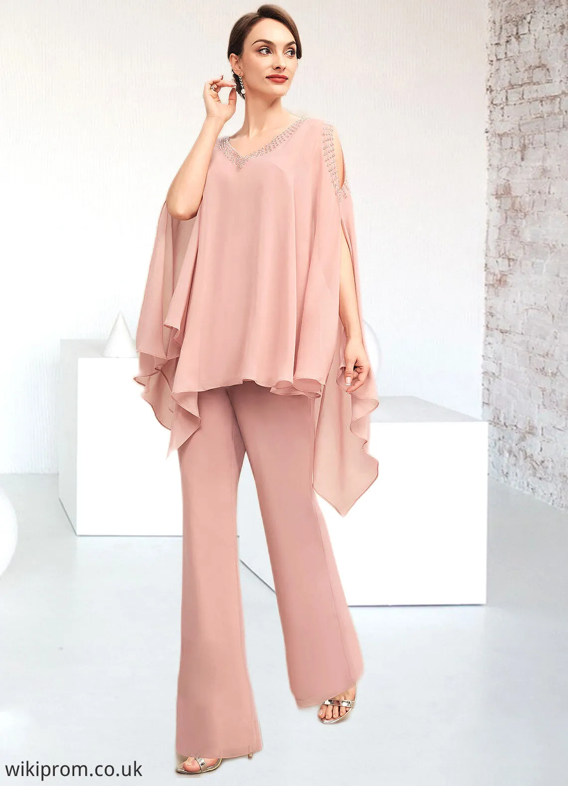 Ellie Jumpsuit/Pantsuit V-neck Floor-Length Chiffon Mother of the Bride Dress With Beading SWK126P0014560