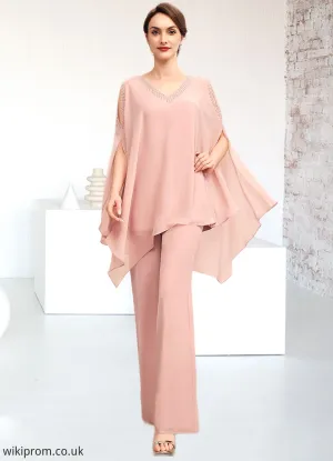 Ellie Jumpsuit/Pantsuit V-neck Floor-Length Chiffon Mother of the Bride Dress With Beading SWK126P0014560