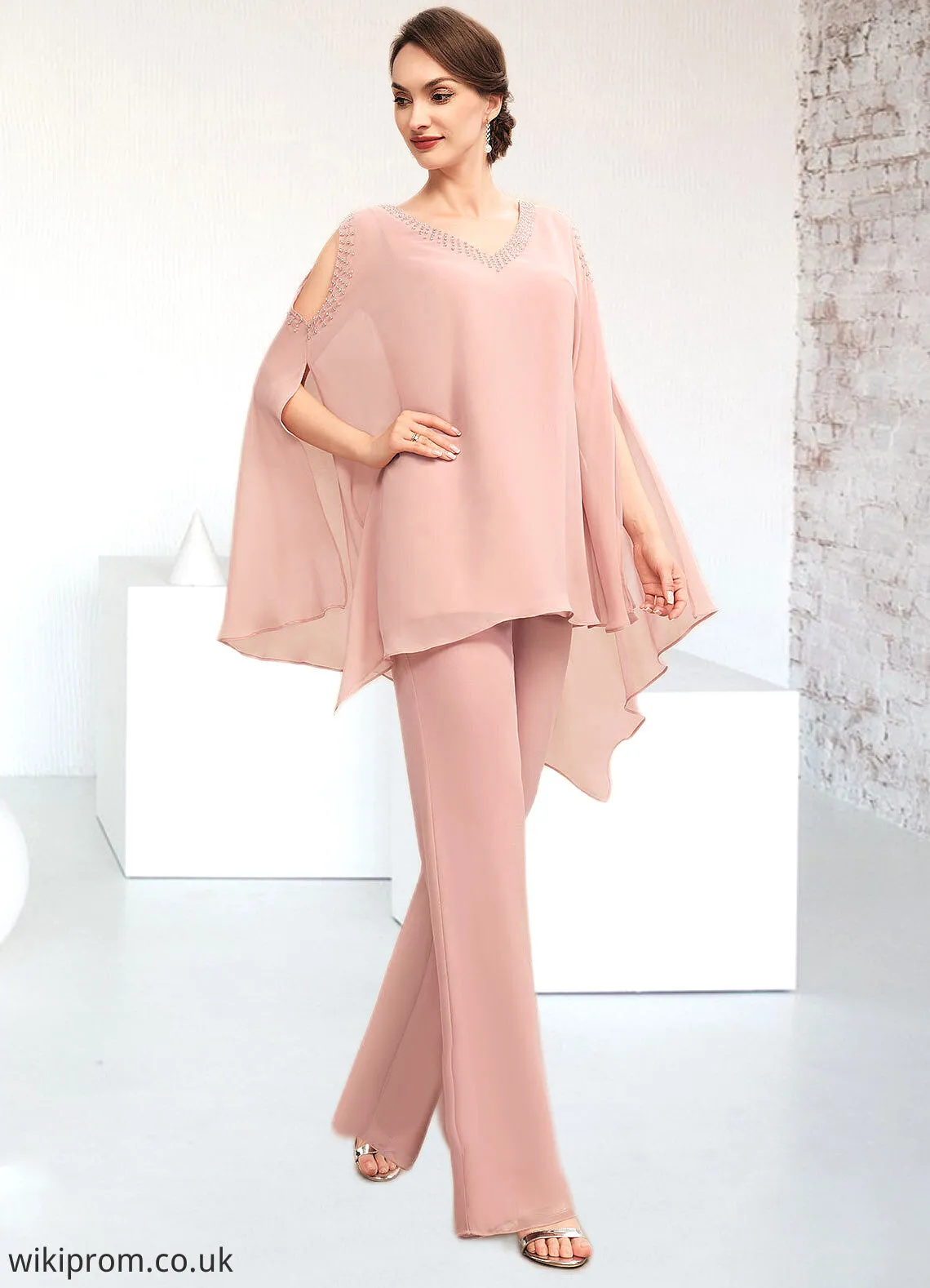 Ellie Jumpsuit/Pantsuit V-neck Floor-Length Chiffon Mother of the Bride Dress With Beading SWK126P0014560