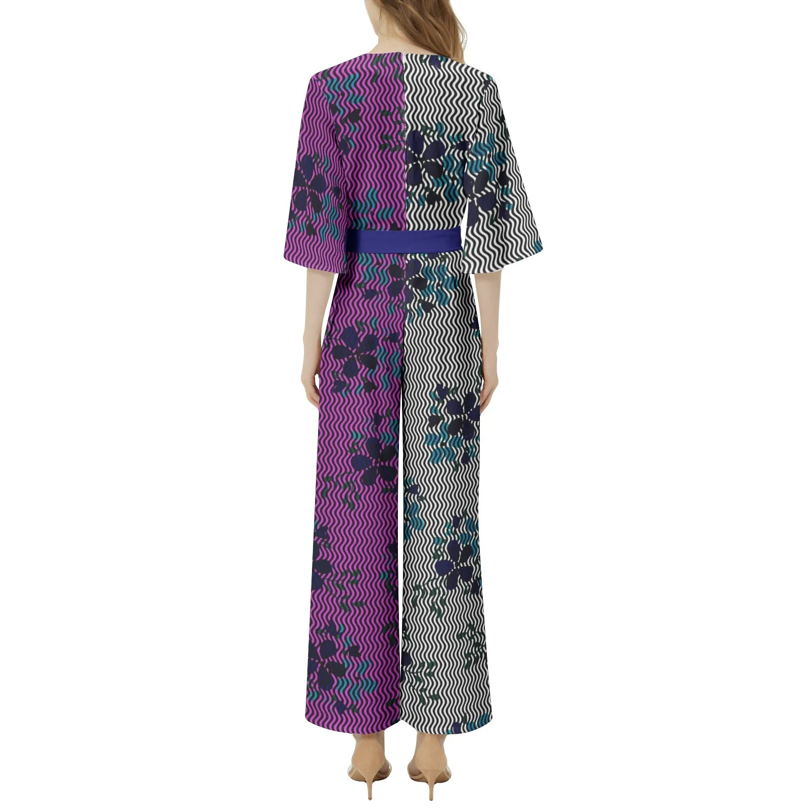 Floral Waves Dolman Sleeve Belted Wide Leg Jumpsuit