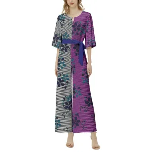 Floral Waves Dolman Sleeve Belted Wide Leg Jumpsuit