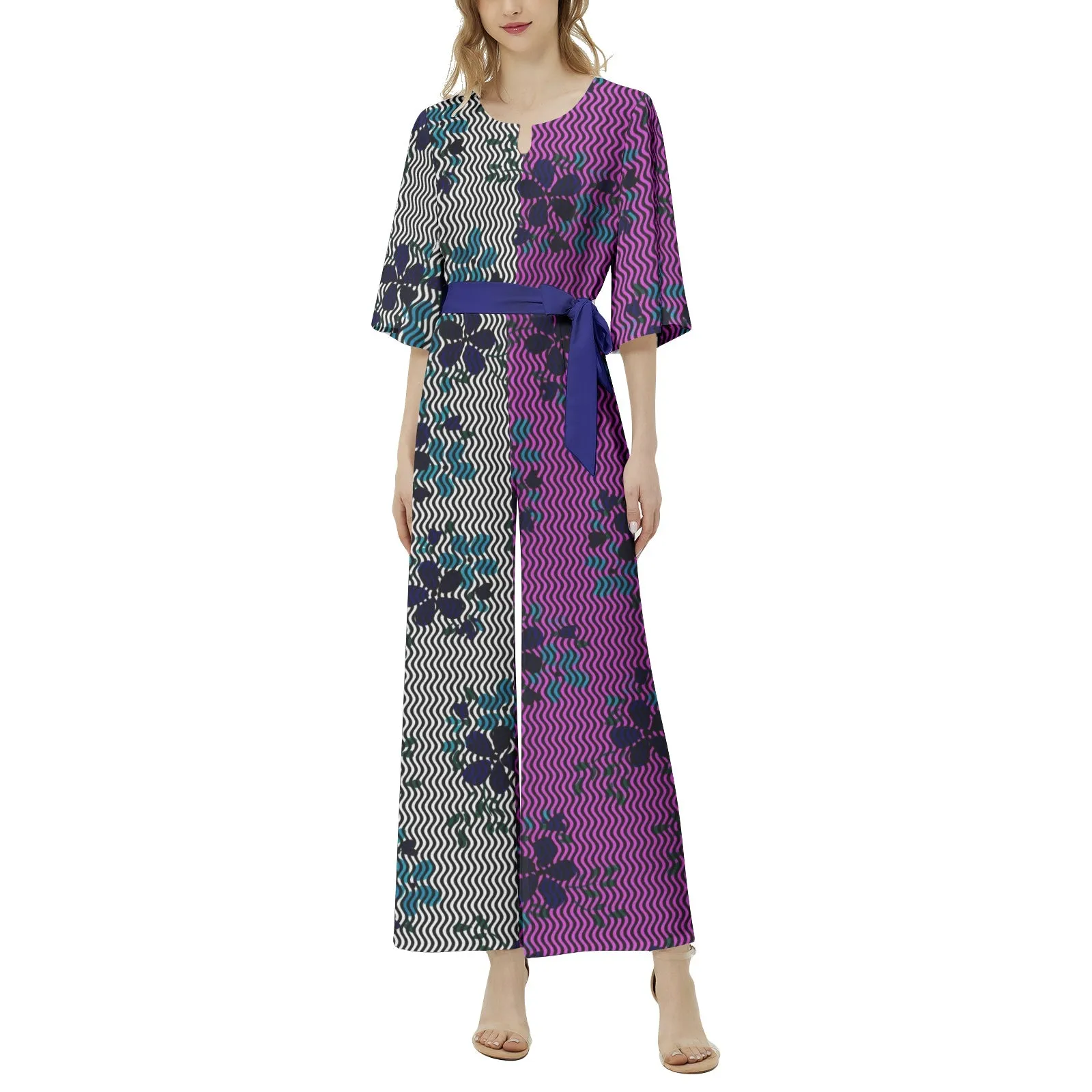 Floral Waves Dolman Sleeve Belted Wide Leg Jumpsuit