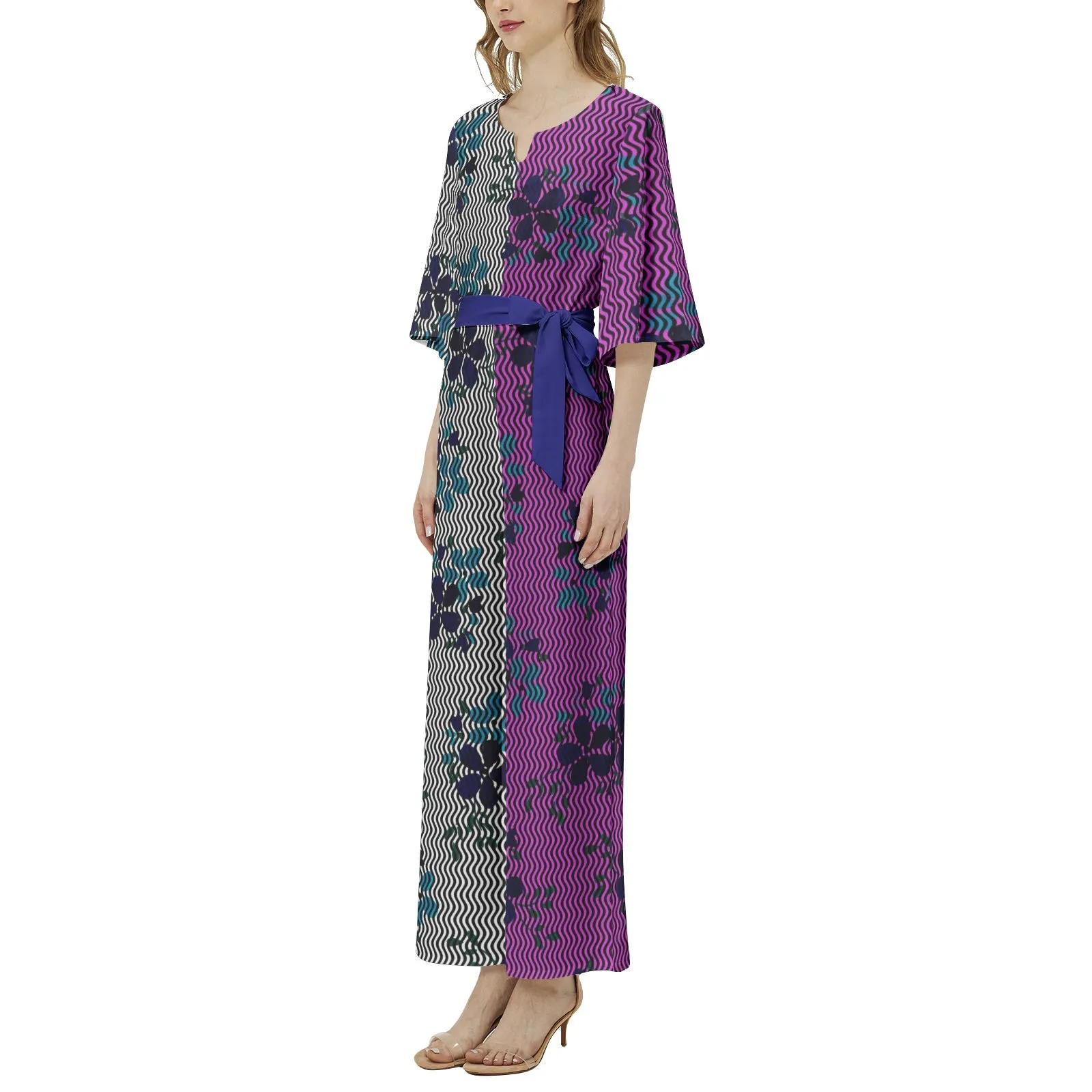 Floral Waves Dolman Sleeve Belted Wide Leg Jumpsuit